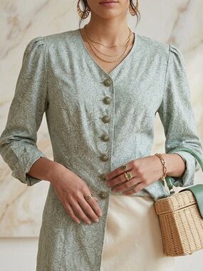 Vintage Lady Carol Sage Floral Damask Blouse Jacket Ornate Button Victorian M